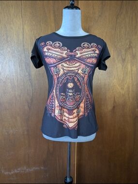 Black Graphic Short-Sleeve Women's Tee with Orange Corset Print